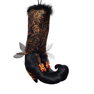 Hobby Lobby Plush Witch Boot Legs Halloween Décor 15 x 8" Black Orange Jeweled